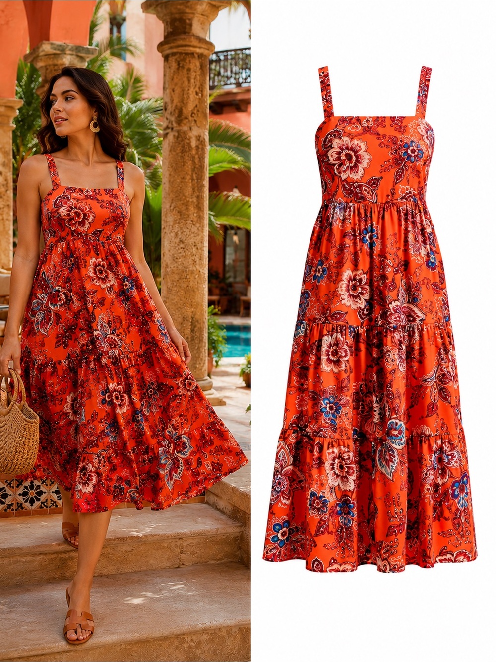 RHODE x Target Orange Floral Cotton Tiered Midi Dress Medium